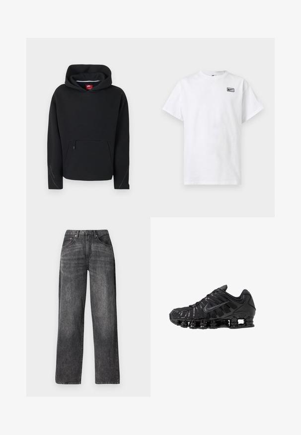Μαύρο φούτερ Nike με τσέπη καγκουρό στο μπροστινό μέρος με φερμουάρ, μακριά μανίκια και προσαρτημένο κουκούλα με ορατή κόκκινη ετικέτα της μάρκας στο εσωτερικό.; Λευκό μπλουζάκι με κοντά μανίκια και στρογγυλή λαιμόκοψη, με μικρό μαύρο λογότυπο Nike swoosh μέσα σε ορθογώνιο στην αριστερή πλευρά του στήθους.; Μαύρο τζιν παντελόνι με ψηλή μέση και ίσια γραμμή, με τσέπες μπροστά και πίσω, θηλιές για ζώνη και εμφανείς λεπτομέρειες ραφών.; Μαύρα αθλητικά παπούτσια κατασκευασμένα από δίχτυ και συνθετικά υλικά, με χαρακτηριστικό κυματιστό σχέδιο, μαύρη λαστιχένια σόλα και αντανακλαστικές λεπτομέρειες.