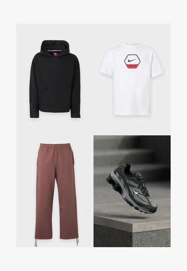 Μαύρο φούτερ Nike με τσέπη καγκουρό στο μπροστινό μέρος με φερμουάρ, μακριά μανίκια και προσαρτημένο κουκούλα με ορατή κόκκινη ετικέτα της μάρκας στο εσωτερικό.; Άσπρο κοντομάνικο μπλουζάκι Nike με κόκκινο και μαύρο εξαγωνικό λογότυπο που φέρει το σύμβολο Nike swoosh και το όνομα της μάρκας στο στήθος.; Καφέ παντελόνι με ελαστική μέση, κατασκευασμένο από απαλό ύφασμα, με πλαϊνές τσέπες και ρυθμιζόμενα κορδόνια στα μανσέτα για εξατομικευμένη εφαρμογή.; Γκρι και μαύρο αθλητικό παπούτσι με πλέγμα και χοντρή σόλα, τοποθετημένο στον αέρα πάνω από ένα τσιμεντένιο περιθώριο με σκάλες στο βάθος.