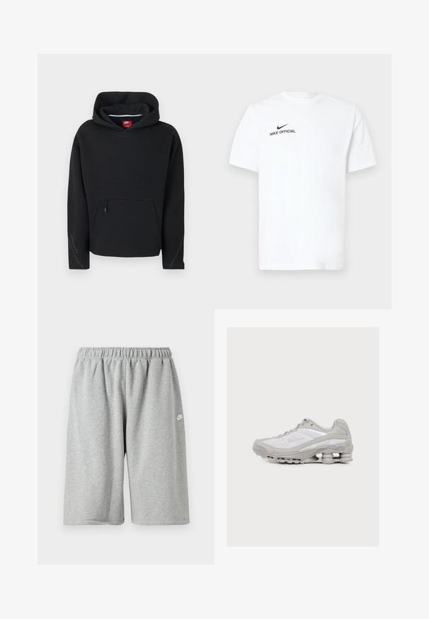 Μαύρο φούτερ Nike με τσέπη καγκουρό στο μπροστινό μέρος με φερμουάρ, μακριά μανίκια και προσαρτημένο κουκούλα με ορατή κόκκινη ετικέτα της μάρκας στο εσωτερικό.; Λευκό βαμβακερό T-shirt με κοντά μανίκια. Διαθέτει μαύρο λογότυπο «Nike Official» και μαύρο σβούρο στην αριστερή πλευρά του στήθους.; Γκρι βαμβακερό σορτς με ελαστική μέση, άνετη εφαρμογή και μικρό λευκό λογότυπο κοντά στο τελείωμα. Ομαλή υφή, μήκος πάνω από το γόνατο.; Αθλητικό παπούτσι ανοιχτό γκρι και λευκό με ορατή αμορτισέρ που μοιάζει με ελατήριο στη σόλα και επάνω μέρος από διχτυωτό ύφασμα.