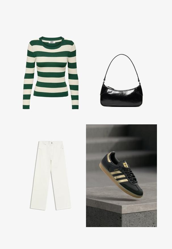 Grøn- og cremefarvet striped, ribbet langærmet trøje med rund halsudskæring og tætsiddende facon, med kontrasterende strikstruktur.; Hvide jeans med højt liv og lige ben, med forlommer og knaplukning på hvid baggrund.; Sort Adidas Samba-sneaker med gulstriber og gummisål, der svæver over en betongflade med slørede trapper i baggrunden.; Sort, blank skuldertaske i læder med et enkelt rum med lynlås og en tynd rem buet i en bueform.