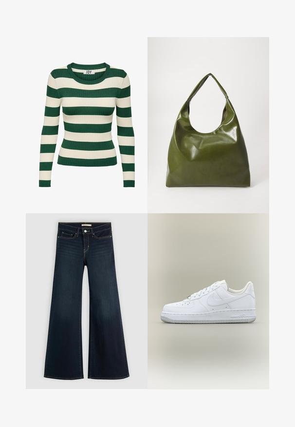 Grøn- og cremefarvet striped, ribbet langærmet trøje med rund halsudskæring og tætsiddende facon, med kontrasterende strikstruktur.; Bredde ben mørkeblå denim jeans. Har høj talje, klassisk fem-lomme design og kontrasterende syninger langs sømmene.; Hvid Nike Air Force 1 sneaker med lavt skaft, snørebånd, perforeret tå og tekstureret gummisål på neutral baggrund.; Grøn læder hobo taske med en slouchy design, buet håndtag og glat tekstur. Indeholder ingen synlig hardware eller accenter.