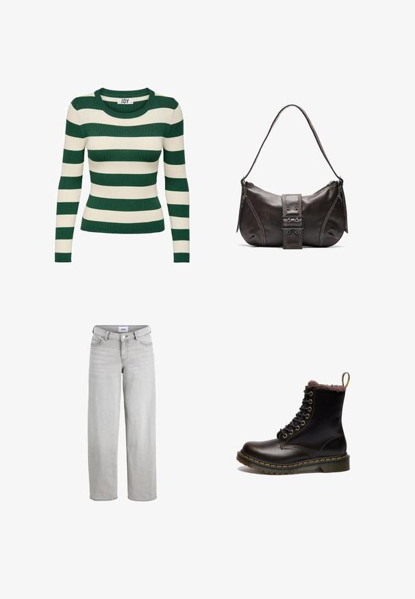 Grøn- og cremefarvet striped, ribbet langærmet trøje med rund halsudskæring og tætsiddende facon, med kontrasterende strikstruktur.; Lys grå denim jeans med en afslappet pasform, lige ben og en mellemhøj talje. Har bæltestropper, knaplukning og standardlommer.; Sort læder ankelstøvle med pelsfor, rund tå, snøre foran, gyldne øjer og gul syning langs sålen og kanten.; Brun læder skuldertaske med en buet form, der har et fremtrædende spænde, kontrasterende syninger og en enkelt skulderrem.