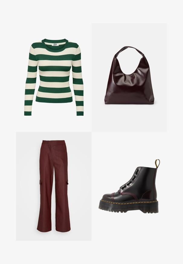 Grøn- og cremefarvet striped, ribbet langærmet trøje med rund halsudskæring og tætsiddende facon, med kontrasterende strikstruktur.; Missy Empire ASYMMETRIC WAISTBAND TROUSERS - Cargobukser - dark red; Dr. Martens SINCLAIR - Plateaustøvletter - cherry red arcadia; Bordeaux, skinnende vegansk læder tote taske med en blød, skulpturel form og et bredt, buet håndtag for nem bæring.