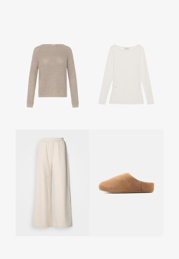 Pull en tricot beige clair avec col rond, manches longues et poignets côtelés. Présente une coupe décontractée et un motif texturé sur l'ensemble.; Haut à manches longues blanc en tissu doux, avec un col rond et des détails froncés sur les côtés pour plus de texture.; Pantalons taille haute à jambes larges en tissu beige clair. Dotés d'une taille élastique et de poches latérales. Texture douce avec un design décontracté.; Chausson en suède beige à enfiler, avec bout fermé, talon ouvert, semelle plate et petit logo UGG sur le côté, montré de profil.