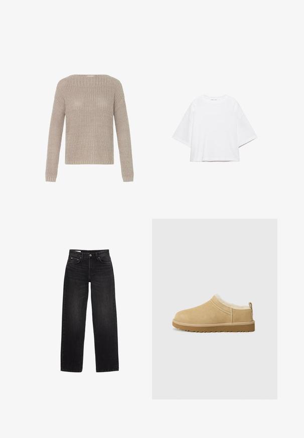 Lys beige strikket sweater med rund hals, lange ærmer og ribbede manchetter. Har en løs pasform og struktureret mønster over det hele.; Hvid, kortærmet, løs t-shirt lavet af blød bomuld. Har rund halsudskæring og brede ærmer, med et rent, enkelt design.; Sorte denimjeans med lige snit, der har en klassisk fem-lomme stil og knaplukning. Glat tekstur, minimal falming.; Suede slip-on sko i lys tan, med en blød pelsforing og tekstureret gummisål med en let hæl og bagestrop for nem påklædning.