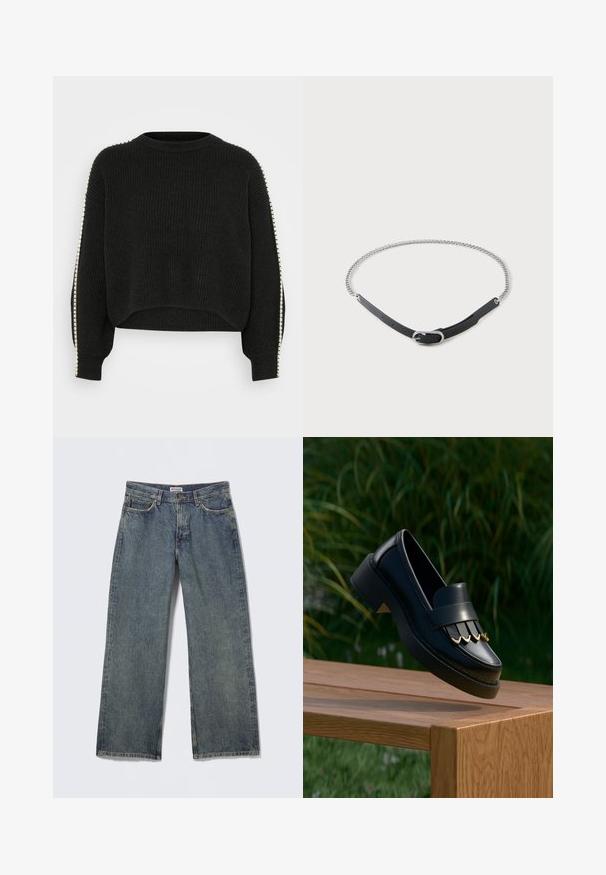 Sweatshirt noir en maille avec texture côtelée, design court et manches longues. Présente des accents blancs contrastants le long des coutures latérales.; Jean en denim bleu à jambes larges avec une taille haute, un design à cinq poches et un léger effet usé sur le tissu. Étiquette de la marque visible sur la ceinture.; Mocassin en cuir noir avec des accents décoratifs dorés flottant au-dessus d'une table en bois, fond de feuillage vert.; Ceinture en cuir noir et chaîne argentée avec boucle, disposée en cercle sur un fond blanc uni.