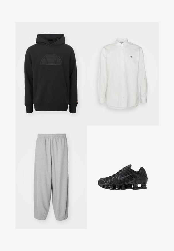 Sudadera negra de mezcla de algodón, con un logo bordado texturizado y un parche de tela en diseño de media luna en el pecho.; Camisa blanca de manga larga con botones, hecha de algodón, que cuenta con un pequeño logo negro en el lado izquierdo del pecho y un cuello clásico con acentos de botones.; Pantalones de chándal sueltos de color gris claro, confeccionados en tejido suave. Cintura elástica y puños en los tobillos. Diseño simple y sin adornos.; Zapatillas deportivas negras fabricadas con malla y materiales sintéticos, con un diseño ondulado distintivo, suela de goma negra y detalles reflectantes.