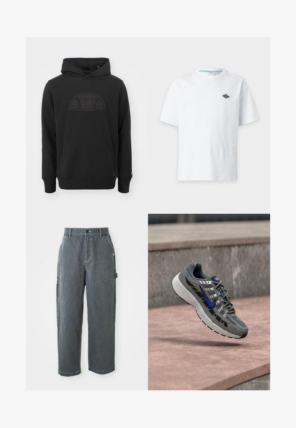 Sudadera negra de mezcla de algodón, con un logo bordado texturizado y un parche de tela en diseño de media luna en el pecho.; Camiseta blanca de manga corta con cuello redondo y un pequeño logo oscuro en forma de diamante en el pecho izquierdo.; Pantalones de trabajo rectos de color gris oscuro con trabillas para cinturón, botón delantero y cremallera, bolsillos laterales y un lazo para martillo en la pierna derecha.; Zapatilla de running Nike gris y negra con el swoosh azul y suela blanca flotando sobre una superficie de piedra.