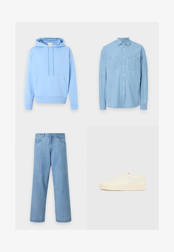Sweat à capuche bleu clair avec poche kangourou à l'avant et cordons ajustables, présenté sur un fond blanc uni.; Chemise à manches longues bleu clair avec deux poches frontales et boutons blancs, présentée sur un fond blanc.; Jean en denim bleu clair à jambes droites avec poches devant, passants de ceinture et fermeture par bouton, sur fond uni.; Baskets couleur crème avec une tige en cuir lisse, bout arrondi, laçage à l'avant et semelle en caoutchouc texturée. Design minimaliste, sans logo.