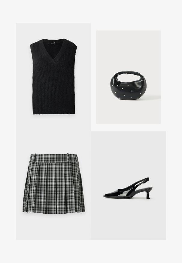 Chaleco de punto negro sin mangas con cuello en V dispuesto sobre un fondo blanco.; Falda plisada de cuadros en blanco y negro con una cintura suave y múltiples pliegues verticales. Fabricada en un tejido ligero.; Zapatos de charol negro tipo slingback con punta afilada y tacón bajo. Correa ajustable con hebilla en el tobillo.; Bolso de mano de cuero negro con forma redondeada, decorado con detalles de tachuelas plateadas y un asa corta. Textura lisa y cierre con cremallera.