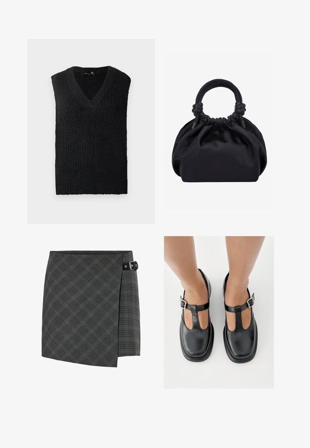 Gilet sans manches en tricot noir avec col en V, posé à plat sur un fond blanc.; Jupe en laine à carreaux gris foncé avec un détail de boucle noire sur le côté droit, ourlet droit et un motif subtil de lignes diagonales.; Chaussures en cuir noir avec un design à bride en T, bout fermé et accents de boucles argentées. Texture lisse avec un bout arrondi et une semelle plate.; Sac à main en tissu noir doux avec haut froncé et poignées circulaires rembourrées nouées de chaque côté.