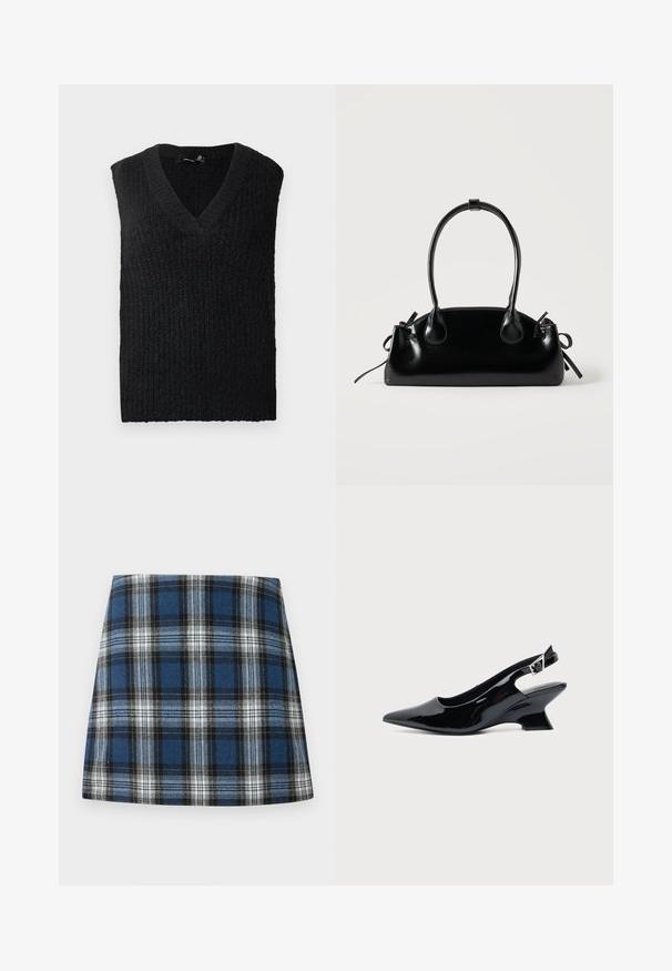 Gilet sans manches en tricot noir avec col en V, posé à plat sur un fond blanc.; Jupe en tartan bleu présentant un motif à carreaux varié en bleu, noir et blanc. Fabriquée dans un tissu texturé avec une silhouette ajustée.; Chaussure slingback en cuir verni noir avec bout pointu et petit talon bloc incliné sur fond clair uni.; Petit sac à main noir brillant avec deux longues anses et des détails à cordon sur les côtés sur un fond clair uni.