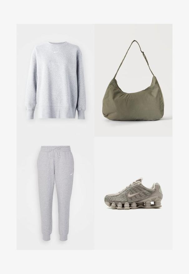 Šedá mikina so zaobleným výstrihom, dlhými rukávmi, rebrovanými manžetami a lemom, s malým bielym logom Nike na hrudi. Mäkká, štruktúrovaná tkanina.; Svetlosivé tepláky s nastaviteľným pásom, zúženými nohavicami a malým bielym logom na ľavom stehne. Vyrobené z mäkkej, štruktúrovanej tkaniny.; Svetlobéžová teniska Nike Shox s viditeľnou stĺpovitou tlmiacou podrážkou a vrchnými sieťovinovými detailmi.; Olivovo zelená mäkká látková taška cez rameno so zipsovým uzáverom a nastaviteľným popruhom na svetlom jednofarebnom pozadí.