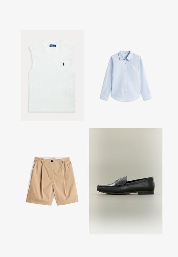 Witte mouwloze trui met kabelbreipatroon, geribde halslijn en zoom, met een klein blauw geborduurd logo op de borst.; Lichtblauw overhemd met lange mouwen, knoopsluiting, puntkraag en klein geborduurd logo op de linkerborst.; Tan katoenen shorts met een geplooide voorkant, knoopsluiting en zijzakken. Glad textuur, knielange stijl, minimalistisch ontwerp.; Zwarte leren loafer met mocassinnaad, lage hak en goudkleurig metalen detail op het bandje, getoond in profiel op een beige achtergrond.