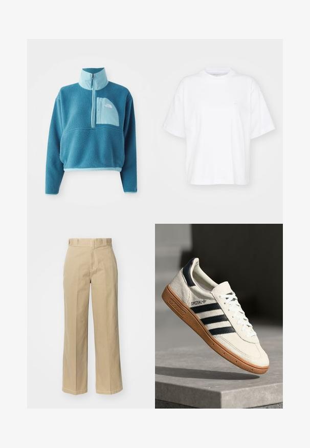 Pull en polaire bleu avec une fermeture éclair partielle, col haut et une poche frontale. Accentué d'une bordure bleu clair et d'une texture de tissu.; T-shirt en coton blanc avec un col rond, des manches courtes et une coupe décontractée. Présente un logo discret sur la zone gauche de la poitrine. Texture lisse.; Pantalons larges beiges en coton, dotés de passants de ceinture, d'une braguette zippée et de surpiqûres contrastées le long des coutures.; Baskets en daim blanc avec des bandes navy, semelle en caoutchouc gomme, tige texturée, bout rond et lacets ; arbore un logo sur le côté et sur la languette.
