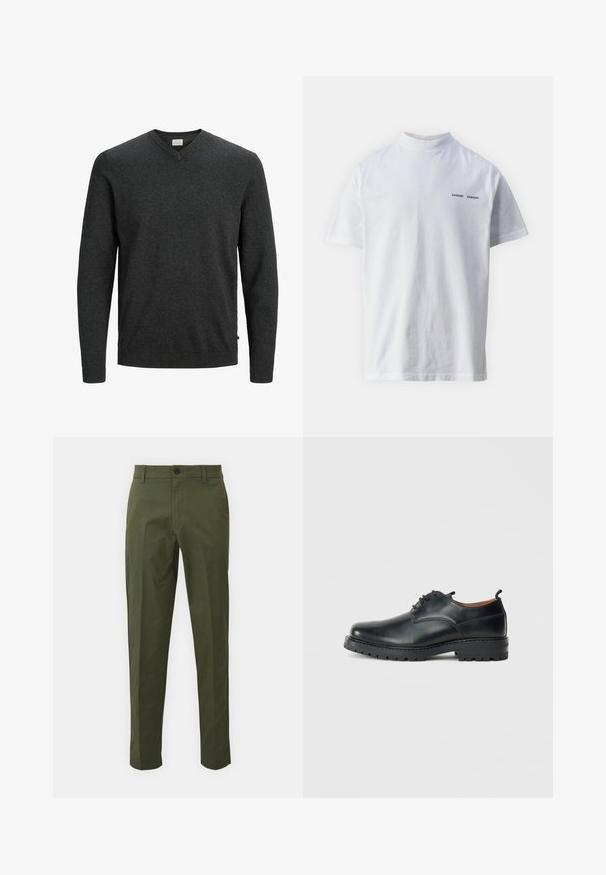 Pull gris foncé avec un col en V, des manches longues, des poignets et un ourlet côtelés, constitué d'un tissu tricoté doux. Design minimaliste sans motifs visibles.; T-shirt en coton blanc avec un col haut et des manches courtes. Présente le logo "SAMSØE SAMSØE" en noir sur le devant. Texture lisse.; Pantalon en coton vert olive à jambes droites, avec une fermeture à bouton sur le devant, des poches latérales et des détails de couture minimalistes.; Chaussures derby en cuir noir avec une texture lisse, bout rond, design à lacets et une semelle en caoutchouc épaisse et robuste.