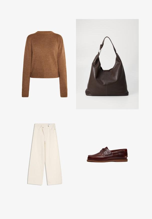 Brun strikket sweater med lange ærmer, en rund halsudskæring og en kortet kant. Blød tekstur, minimalistisk design og ingen synlige mønstre.; Off-white bukser med vidde i benene, foranlommer, bærestropper og sølvknapper på linningen og lommekanter.; Brun læder bådsko med snørre, syningsdetaljer og Timberland-logo på siden, vist på en hvid baggrund.; Zign by Zalando LEATHER - Shopping bags - chocolate brown