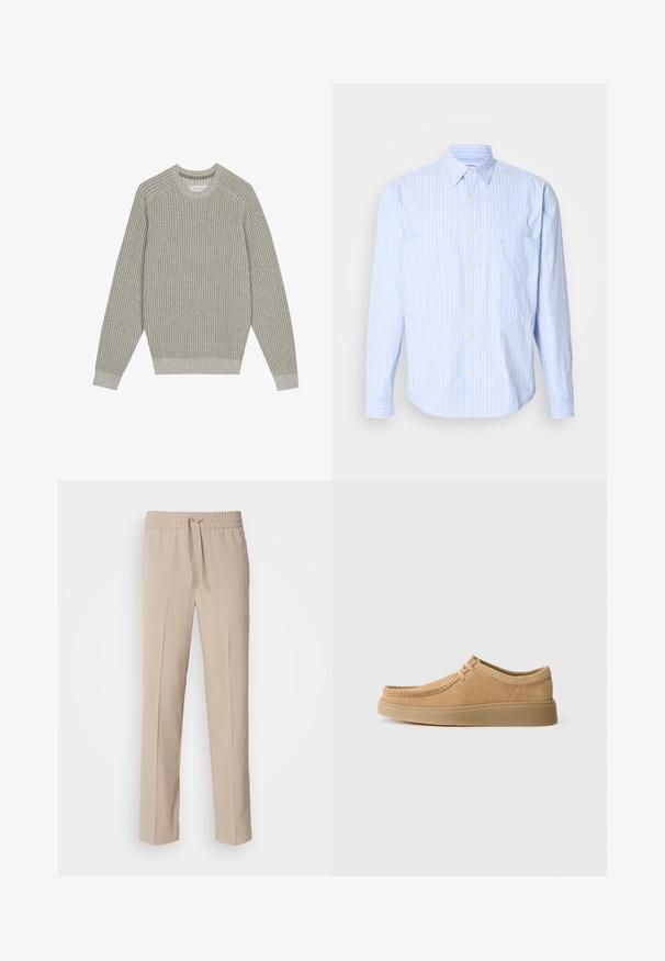 Lysegrå strikketrøje med ribbet tekstur, rund hals og lange ærmer. Simpelt design, elastiske kantafslutninger, minimal detaljer.; Lyseblå skjorte med knapper og lodrette striber i hvid og pastel farver, blødt bomuldsstof, to brystlommer og lange ærmer.; Beige, afslappede bukser lavet af blødt materiale, med elastisk talje og snøre samt lige ben med minimale detaljer.; Sway lædersko med snørebånd i lys tan, med en rund tå, syede detaljer og en flad gummisål, der viser en glat tekstur.