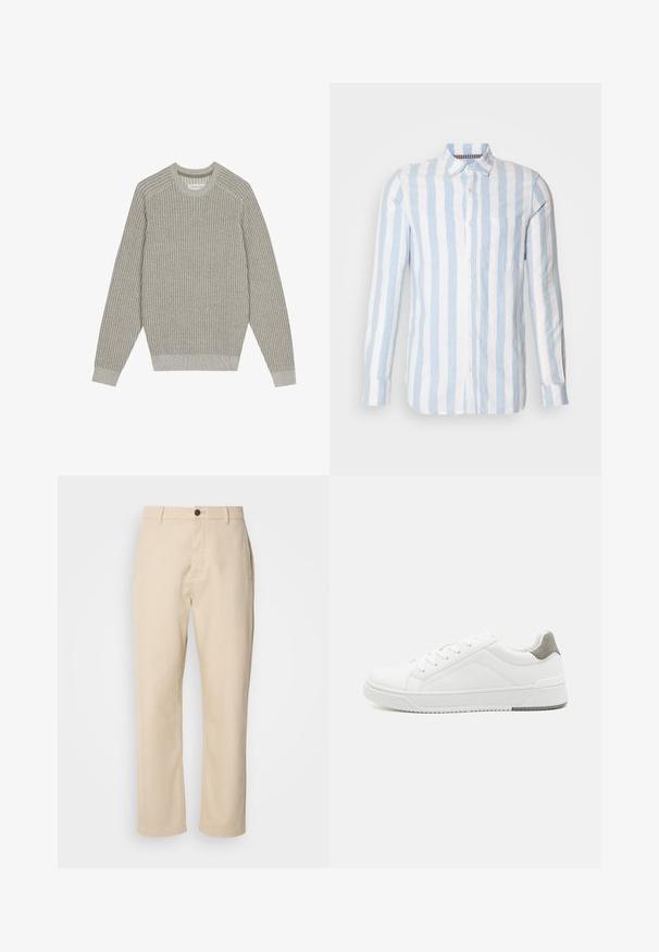 Pull en maille gris clair avec texture côtelée, col rond et manches longues. Design simple, ourlets élastiqués, détails minimalistes.; Chemise à manches longues rayée bleu clair et blanche en lin, avec un devant à boutons et une poche poitrine.; Pantalons en coton beige avec jambes droites, fermeture à bouton à l'avant, poches latérales et texture lisse. Design minimaliste, sans motifs visibles.; Basket blanche en cuir lisse, à bout arrondi, design minimaliste, accent de talon gris et semelle en caoutchouc texturé.