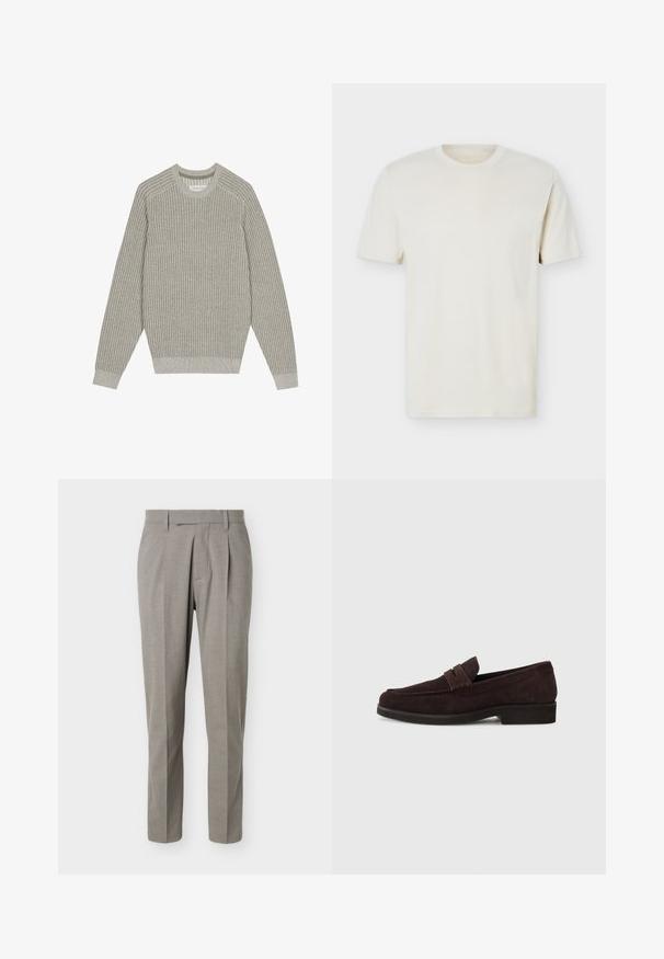 Lysegrå strikketrøje med ribbet tekstur, rund hals og lange ærmer. Simpelt design, elastiske kantafslutninger, minimal detaljer.; Simpel, off-white T-shirt med korte ærmer og rund hals, med diskret logo på venstre bryst, vist mod en hvid flad baggrund.; Lysegrå skræddersyede bukser med lige ben, bæltestropper, forreste læg og en ren linning på hvid baggrund.; Brune ruskinds loafers med lav profil og rund tå. Har en dekorativ rem over det øverste, flad gummisål og ingen synlig syning.