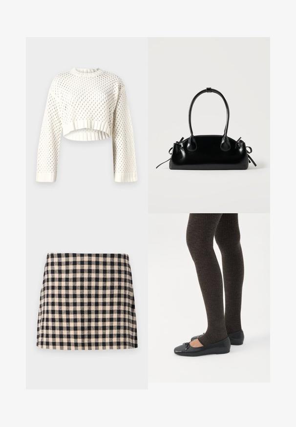 Pull cropped blanc en tricot avec un grand motif en mailles, des poignets côtelés et un col arrondi. Tissu léger et texturé.; Jupe à carreaux noir et crème avec une coupe droite, présentant une texture lisse et un ourlet qui se situe au-dessus du genou. Sans matériel ni accents.; Jambes portant des leggings côtelés foncés associés à des ballerines noires avec de petits détails en nœud sur fond blanc.; Petit sac à main noir brillant avec deux longues anses et des détails à cordon sur les côtés sur un fond clair uni.