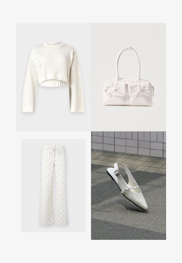 Pull cropped blanc en tricot avec un grand motif en mailles, des poignets côtelés et un col arrondi. Tissu léger et texturé.; Pantalon blanc à jambes larges avec petits imprimés floraux gris, fermeture à boutons sur le devant, fermeture éclair et cordon de serrage à la taille.; Chaussure plate slingback blanche pointue avec deux boucles argentées, présentée en extérieur sur un sol texturé et un mur carrelé en arrière-plan.; Sac à main synthétique blanc avec deux poches avant, chacune ornée d'un nœud noué. Texture lisse, anses arrondies et fermeture zippée.