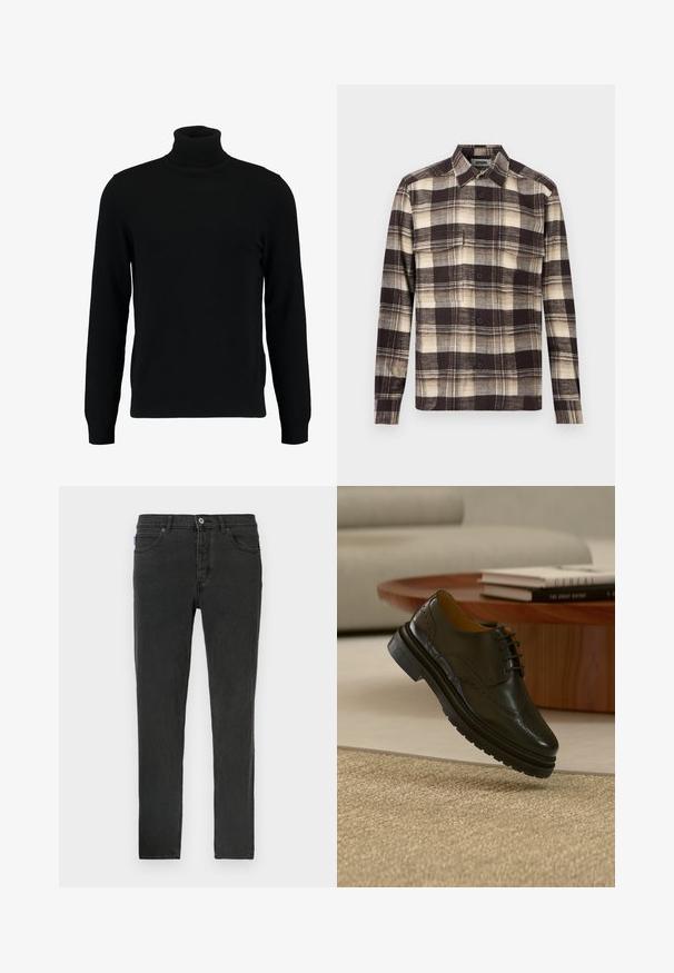 Un pull à col roulé noir en matière tricotée douce. Il possède des manches longues, un col et un ourlet côtelés. Son design est simple et épuré, sans motifs.; Chemise en flanelle à boutons avec motif à carreaux marron, beige et crème, manches longues, deux poches poitrine et col.; Jean en denim noir à coupe ajustée, doté de cinq poches, d'une braguette à boutons et de coutures apparentes le long des coutures. Fini mat avec une texture subtile.; Chaussure brogue en cuir noir avec une semelle épaisse flottant au-dessus d'un tapis beige, table ronde en bois avec des livres empilés et un canapé clair en arrière-plan.
