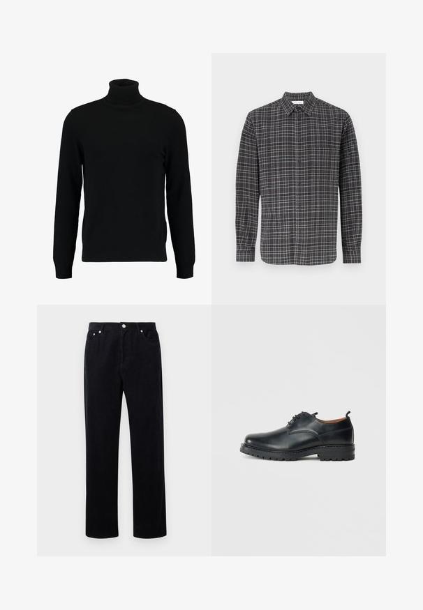 Un pull à col roulé noir en matière tricotée douce. Il possède des manches longues, un col et un ourlet côtelés. Son design est simple et épuré, sans motifs.; Chemise à carreaux noire et grise à boutons, à manches longues, avec une poche poitrine, un col classique et une texture de tissu léger.; Pantalons en velours côtelé noir avec une coupe droite, dotés d'une fermeture à bouton et fermeture éclair, de cinq poches et d'un tissu doux et texturé.; Chaussures derby en cuir noir avec une texture lisse, bout rond, design à lacets et une semelle en caoutchouc épaisse et robuste.