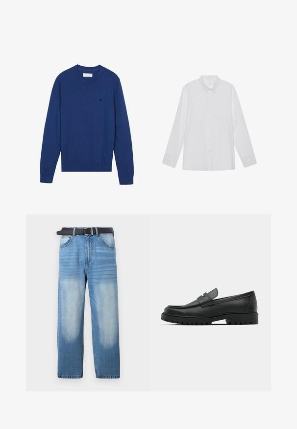 Pull en tricot bleu marine avec un col rond, des manches longues et des poignets côtelés. Présente un petit logo brodé sur la poitrine.; Chemise blanche à manches longues en tissu lisse, dotée d'un col pointu, d'une fermeture à boutons sur le devant et de poignets à un bouton.; Jean en denim bleu clair avec une coupe droite, doté d'une ceinture noire, avec des zones décolorées et une texture diagonale subtile sur la partie supérieure.; Mocassins en cuir noir à bout arrondi, avec un design cousu, une semelle plateforme basse et une semelle en caoutchouc texturée et crantée.
