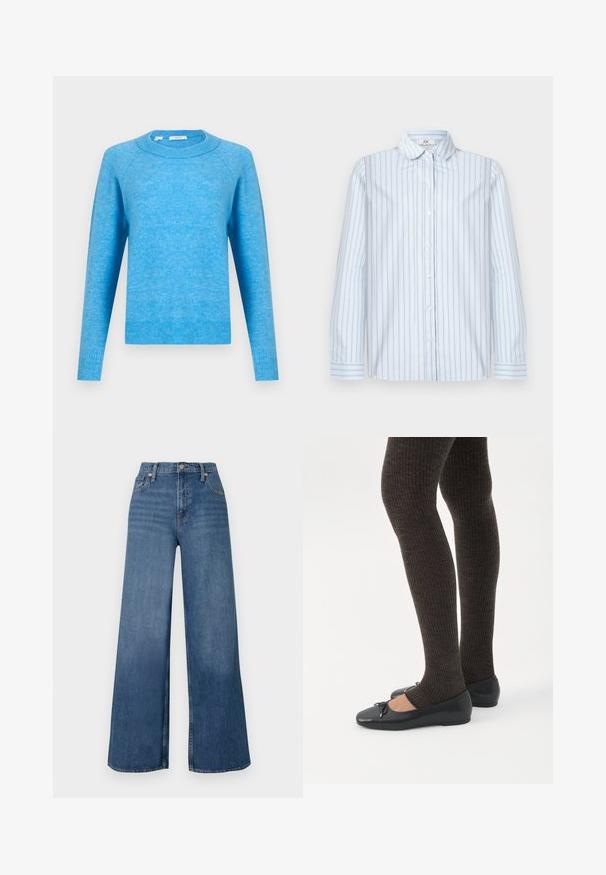 Pull bleu clair à col rond avec manches longues et poignets et ourlet côtelés, présenté sur fond blanc uni.; Chemise à manches longues bleu clair avec des fines rayures verticales bleu marine et rouges et un col pointu, posée à plat sur un fond blanc.; Jeans bleu à jambes larges en denim, avec une taille haute, une fermeture à bouton à l'avant et un design classique à cinq poches. Texture lisse.; Jambes portant des leggings côtelés foncés associés à des ballerines noires avec de petits détails en nœud sur fond blanc.