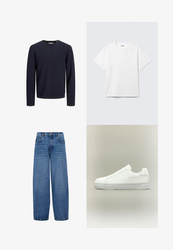 Pull bleu marine à col rond avec un motif tricoté texturé, manches longues et ourlet droit. Étiquette visible en bas à gauche.; T-shirt blanc à manches courtes et col rond, étalé à plat, design uni, avec l'étiquette "WEEKDAY" à l'intérieur du col sur un fond clair.; Jean à jambes larges en denim bleu moyen. Il présente une taille haute, un design classique à cinq poches et un léger dégradé le long des jambes. Ourlet standard.; Baskets basses blanches à lacets, doté d'un col rembourré et d'une semelle en caoutchouc texturée, présentées de profil sur un fond neutre.