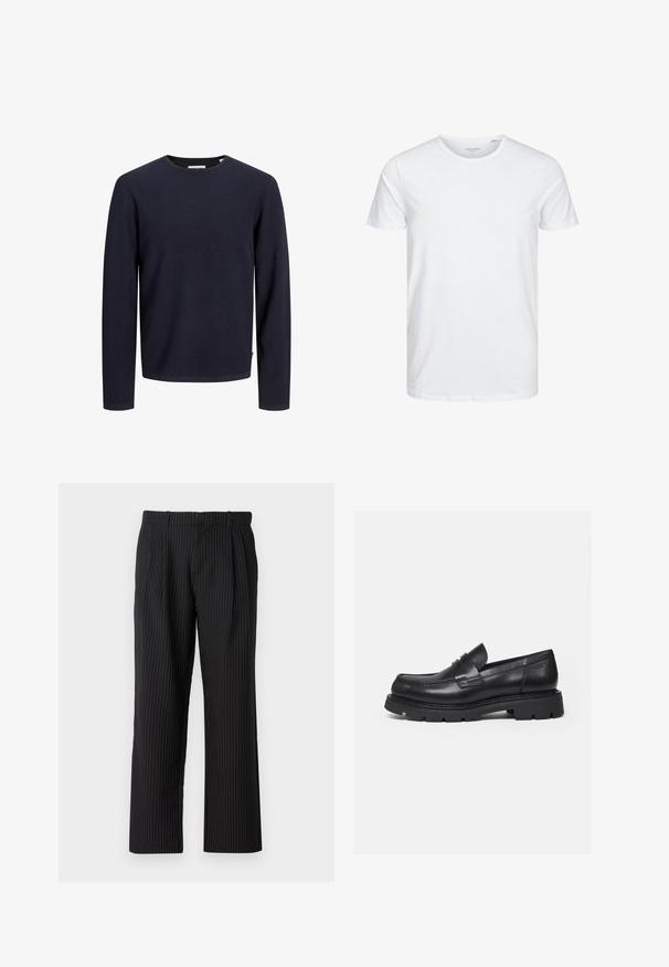 Pull bleu marine à col rond avec un motif tricoté texturé, manches longues et ourlet droit. Étiquette visible en bas à gauche.; T-shirt à col rond à manches courtes de couleur blanche unie, fabriqué en coton doux, avec un design simple sans motifs ni accents visibles.; Jack & Jones Classic Wide Leg Fit - Pantalon classique - black; Mocassin en cuir noir avec semelle épaisse crantée et détail de bride penny, présenté en profil droit sur fond blanc.