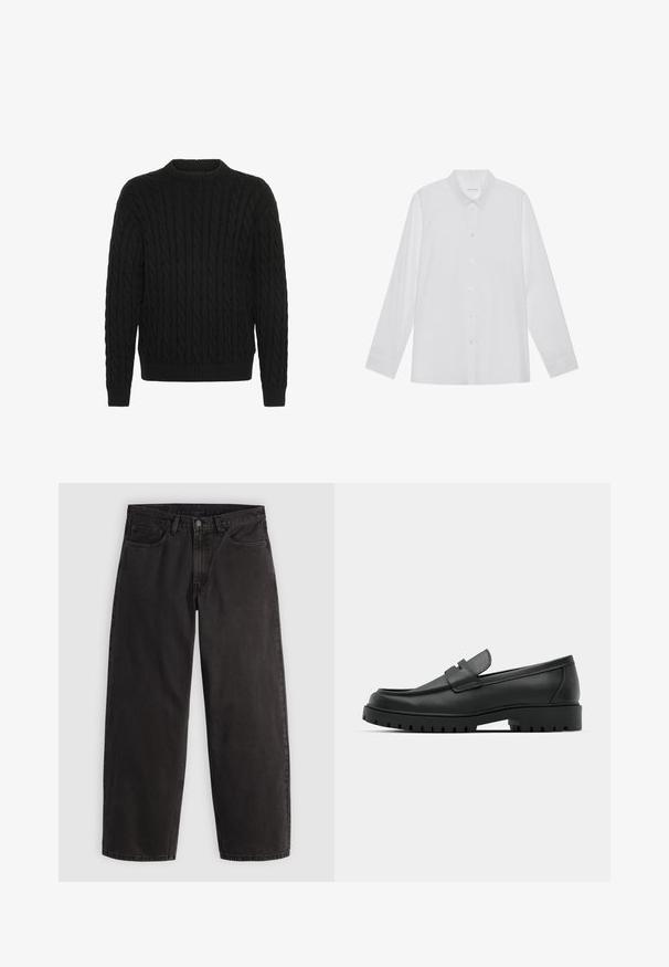 Solid SDMALCOLM - Striktrøje - true black; Hvid langærmet skjorte lavet af glat stof, med spidse krave, frontknaplukning og enknapsmanchetter.; Sorte denimjeans med lige ben, fem lommer og bæltestropper, vist fladt på en ensartet lys baggrund.; Sorte læder loafers med rund tå, der har et syet design, lav platformssål og en struktureret, skridsikker gummisål.