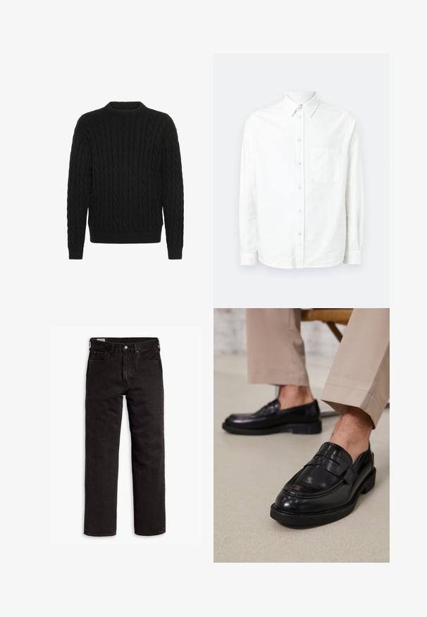 Solid SDMALCOLM - Striktrøje - true black; Hvid langærmet skjorte med knaplukning lavet af letvægtsstof. Har en frontlomme, klassisk krave og subtil tekstur.; Sorte lige bukser i denim med fem lommer, knaplukning og bæltestropper, lagt fladt ud på en hvid baggrund.; Sorte lædermokkasiner med en glat overflade, der har en dekorativ rem og kontraststing, parret med beige bukser.