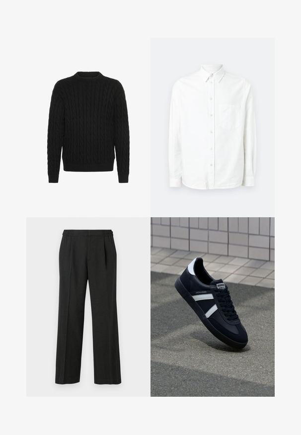 Solid SDMALCOLM - Jersey de punto - true black; Camisa blanca de manga larga y botones, hecha de una tela ligera. Presenta un bolsillo frontal, cuello clásico y una textura sutil.; Pantalones de pierna ancha negros con cintura elástica, frente plisado y textura suave. Sin patrones visibles ni detalles metálicos.; Zapatilla de cuero negra con rayas blancas, suela de goma texturizada y parte frontal con cordones. Cuenta con una etiqueta de marca en la lengüeta.