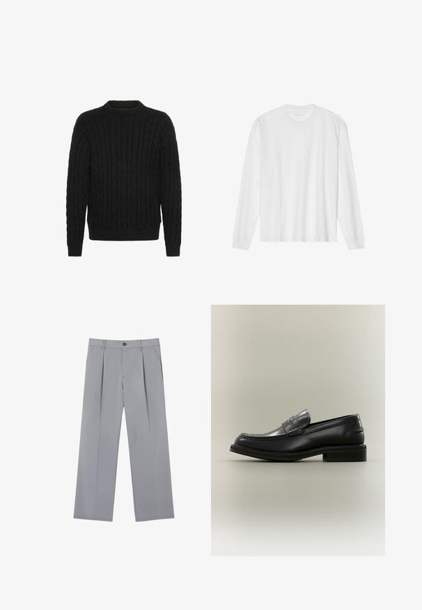 Solid SDMALCOLM - Striktrøje - true black; Hvid, langærmet t-shirt i bomuld med rund hals, med ribbede ærmeafslutninger og en lige kant, glat tekstur og minimalistisk design.; Grå plisserede bukser med en afslappet pasform, lavet af et letvægtsstof. Har forlommer og en knaplukning i taljen.; Sort læder penny loafer med syning og lav stablet hæl vist mod en ensfarvet lys baggrund.