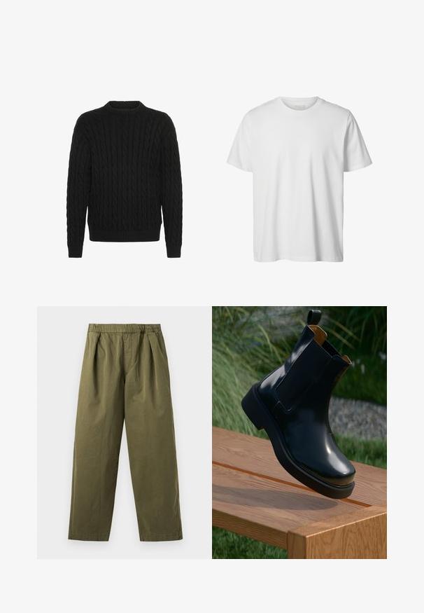 Solid SDMALCOLM - Jersey de punto - true black; Camiseta blanca lisa de manga corta con cuello redondo, corte holgado y sin logos o diseños visibles en el frente.; Pantalones de pierna ancha en verde oliva con cintura elástica y pliegues delanteros, mostrados sobre un fondo claro.; Botín chelsea de cuero negro con acabado suave, paneles laterales elásticos, punta redondeada y suela de goma gruesa, posicionado sobre una superficie de madera.
