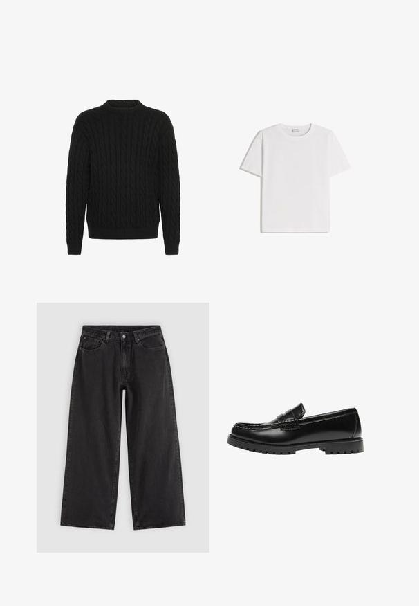 Solid SDMALCOLM - Striktrøje - true black; Hvid bomuld T-shirt med rund halsudskæring og korte ærmer. Har en klassisk, firkantet form uden synlige mønstre eller detaljer.; Sorte denim jeans med vide ben, forlommer, bæltestropper og knaplukning, vist på en ensfarvet lys baggrund.; Sort læderloafer med en kraftig gummisål og klassiske penny-strap detaljer, vist fra ydersiden.