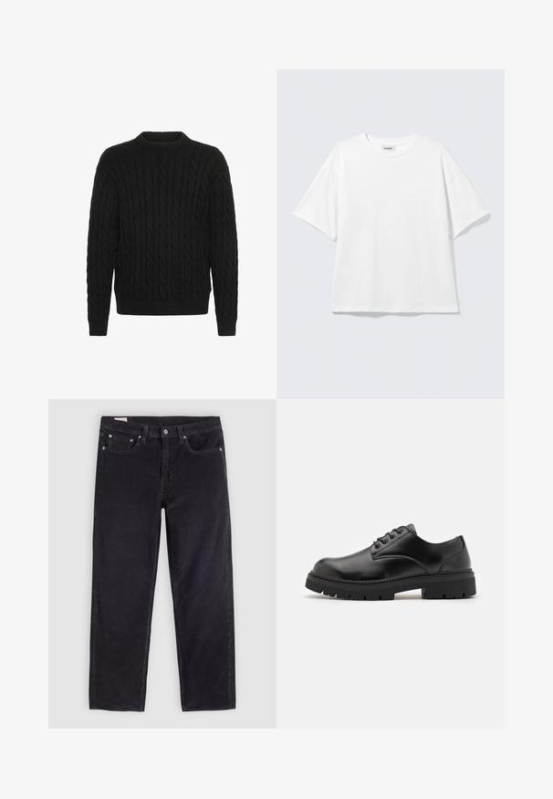 Solid SDMALCOLM - Jersey de punto - true black; Camiseta blanca de gran tamaño con mangas cortas, cuello redondo y hombros caídos, plana sobre fondo gris claro.; Vaqueros de mezclilla negros con un diseño de pierna recta, que cuentan con un estilo de cinco bolsillos, detalles de botones de metal y una textura sutil.; Zapatos de cuero negro con punta redondeada, diseño con cordones y una suela de goma gruesa y texturizada. Presentan costuras a lo largo del borde y un acabado suave.