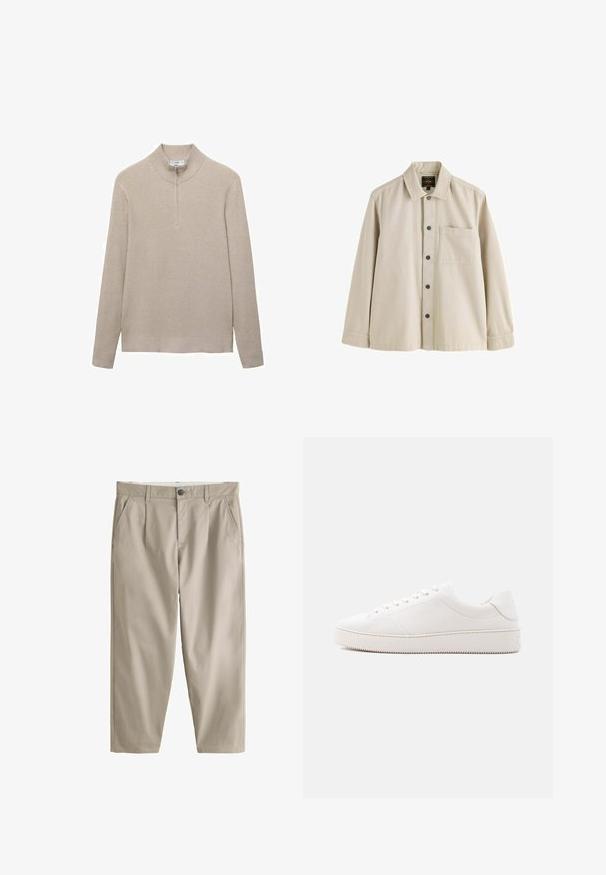 Suéter beige con canalé, cuello alto y cierre de media cremallera. Las mangas largas y el diseño ajustado del dobladillo realzan el aspecto texturizado.; Camisa beige de manga larga con botones, cuello y un bolsillo en el pecho, hecha de una tela resistente.; Pantalones beige de pierna recta con trabillas para cinturón, botón frontal, cierre de cremallera y bolsillos laterales inclinados.; Zapatilla de cuero blanca con acabado liso, puntera redonda, cordones con seis ojales y suela de goma texturizada. Diseño minimalista sin patrones.
