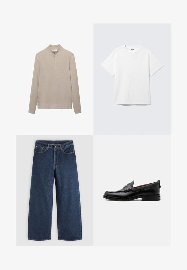 Suéter beige con canalé, cuello alto y cierre de media cremallera. Las mangas largas y el diseño ajustado del dobladillo realzan el aspecto texturizado.; Camiseta blanca de manga corta con cuello redondo, colocada plana, diseño liso, con etiqueta "WEEKDAY" en el interior del cuello sobre un fondo claro.; Vaqueros vaqueros azul oscuro de pierna ancha con bolsillos delanteros, cierre de botones y trabillas para cinturón, extendidos sobre un fondo claro.; Mocasín de hombre de piel negra con costura moc toe, tira penny, cuello texturizado y tacón bajo apilado sobre fondo blanco.