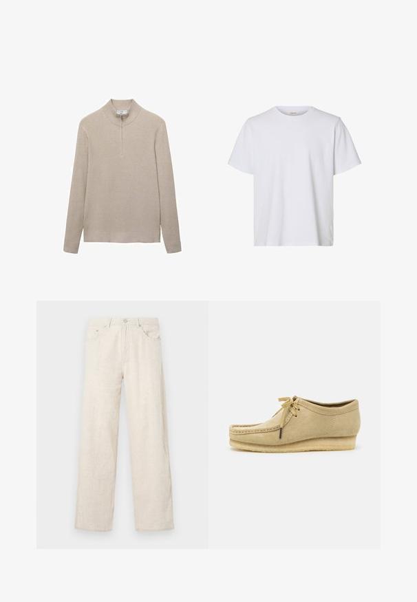 Suéter beige con canalé, cuello alto y cierre de media cremallera. Las mangas largas y el diseño ajustado del dobladillo realzan el aspecto texturizado.; Camiseta blanca lisa de manga corta con cuello redondo, ajuste regular y textura de tela suave, presentada sobre un fondo blanco.; Pantalones de pierna ancha en beige, fabricados en tejido texturizado, con cierre de botón, pasadores para cinturón y estilo de bolsillos clásico.; Zapato de ante beige con diseño de cordones, detalles cosidos y suela de goma. La forma es casual con un ligero tacón en cuña.