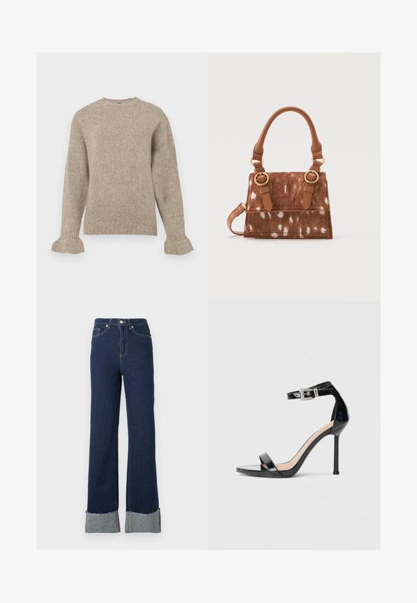 Pull en tricot beige avec un col rond, texture côtelée, manches longues et manches évasées. Design simple sans embellissements.; Jean flare en denim bleu foncé avec taille haute, présentant un ourlet brut et des détails de revers en denim plus clair au niveau des chevilles. Fermeture à bouton argenté.; Sandale à talon haut en cuir verni noir avec bride à la cheville. Présente un design minimaliste, un bout ouvert et une boucle ornée de strass.; Sac à main marron avec motif à taches blanches, détails de boucle dorée, poignée courte et arrondie, ainsi qu'une bandoulière amovible sur fond blanc.