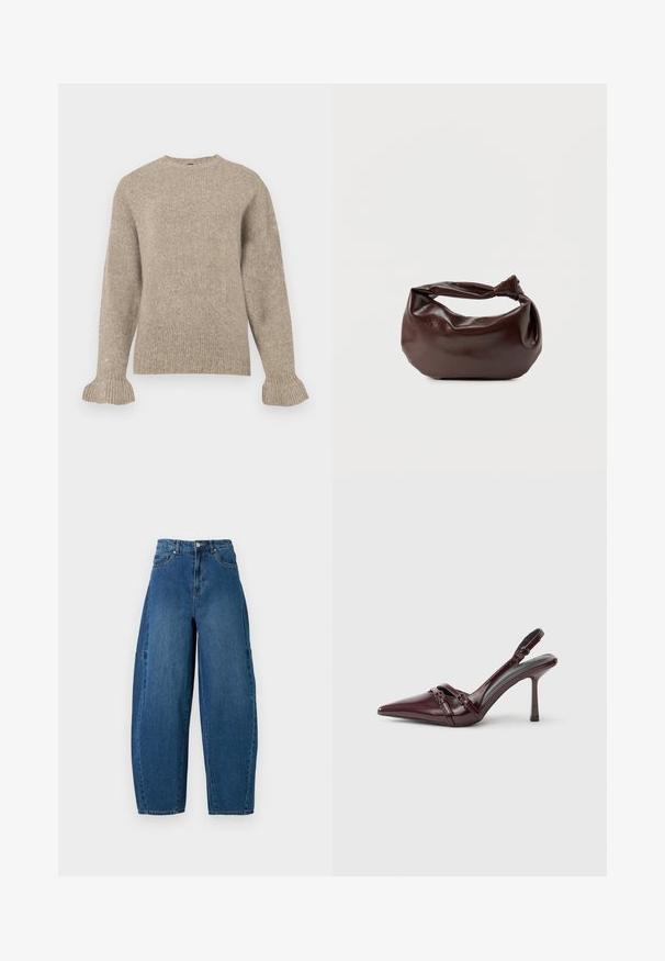 Suéter de punto beige con cuello redondo, textura acanalada, mangas largas y puños acampanados. Diseño simple sin adornos.; Jeans de denim en un lavado azul medio, con una cintura alta, corte de pierna ancha y diseño estándar de cinco bolsillos con detalles de costura visibles.; Zapato de tacón slingback de charol burdeos con puntera puntiaguda, fina correa en el tobillo y pequeño detalle decorativo de hebilla. Textura suave y tacón alto.; Bolso de hombro de cuero marrón oscuro con una forma suave y caída, y un asa con nudo torcido sobre un fondo blanco liso.