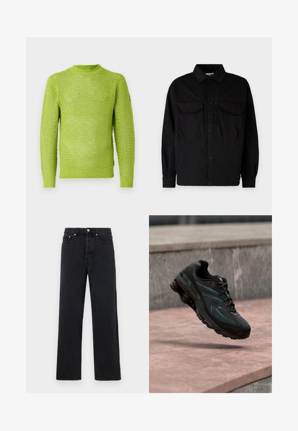 Neulepaita kirkkaan limevihreänä; siinä on löysä kudonta, pyöreä pääntie ja resorikujat sekä helma. Koko pinnassa on teksturoitu kuvio.; Jack & Jones JCOHELVETICA PARACHUTE OVERSHIRT - Vapaa-ajan kauluspaita - black; Musta farkku suorat lahkeet, joissa on korkea vyötärö, viisi taskua ja metallinappisuljenta. Kankaan pinta on sileä ja siinä on kevyt kiilto.; Mustat urheilukengät, joissa näkyvä ilmavaimennuksella varustettu välipohja kelluu vaaleanpunaisen kiven pinnan yläpuolella harmaan kiviseinän taustalla.