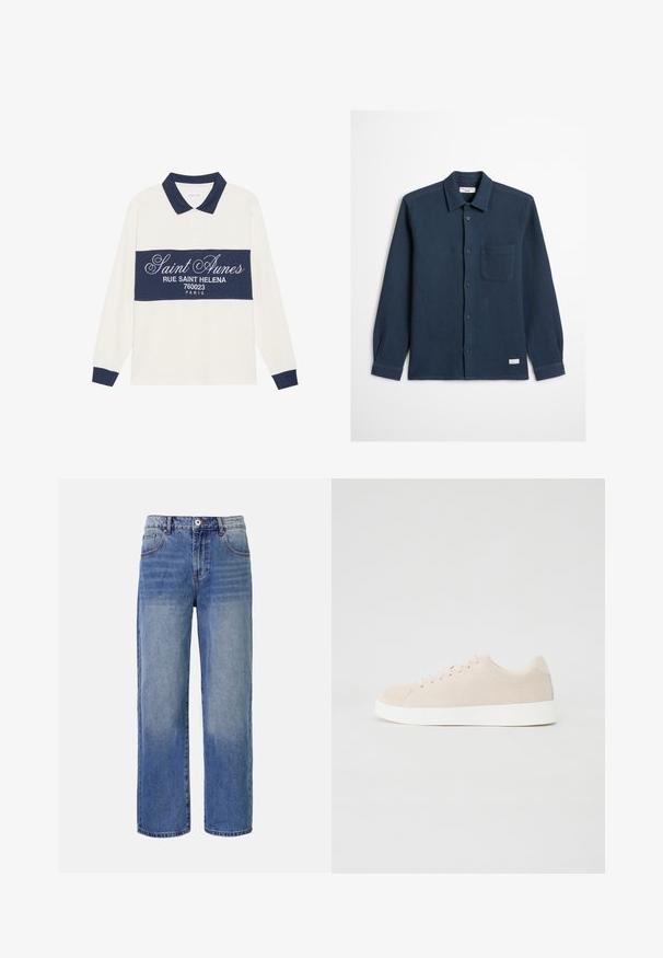 Langærmet polo shirt, creme og marineblå, i en bomuldsblanding. Har et marineblåt bånd med hvid tekst og en klassisk krave med marineblå kant.; Mørkeblå skjorte med knapper, tekstureret vaffelstof, lange ærmer, en enkelt brystlomme og mærke på nederste kant.; Lys blå denim bred benjeans med et falme mønster, fem lommer og lynlås i gylpen. Har en knap og bæltestropper i taljen.; Beige ruskindsneakers med hvide gummisåler, rund tå og seks snøringshuller. Glat tekstur med minimalisk design.