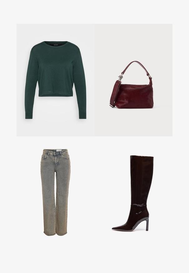 Pull court vert foncé avec un col rond et des manches longues, présentant une texture tricotée et un ourlet et des poignets côtelés.; Jean en denim gris délavé à jambes droites, avec poches avant, passants pour ceinture et fermeture à bouton et glissière à la taille.; Bottes noires en cuir patent à hauteur de genou avec un bout pointu et un talon aiguille, présentant une texture lisse et brillante ainsi qu'un design épuré.; Petit sac à main rectangulaire bordeaux avec finition texturée, poignée courte et bandoulière amovible sur un fond clair uni.