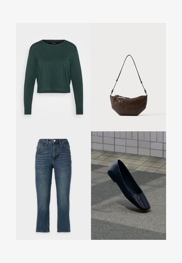 Mørkegrøn cropped sweater med rund hals og lange ærmer, prydet med en strikket tekstur samt ribkant ved kantene og ærmerne.; Blå denimjeans med lige ben, klassisk femlommers design, knaplukning og let falmede detaljer på lårene.; Sort læder flad sko, stående opret på en asfaltbelægning nær en flisebelagt fortovskant.; Brun læder skuldertaske med buet bund og justerbar rem mod en ensfarvet lys baggrund.