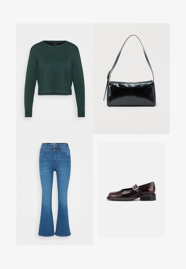 Tume roheline lühike kampsun ümmarguse kaelusega ja pika varrukaga, millel on kudumise tekstuur ja ribaga ääred ning varrukad.; Sinine denim flared teksapüks, millel on kõrge vöökoht, kahekohaline kinnitamine ja kerge kulumine. Klassikaline viie tasku disain, sile tekstuur.; Üksik läikiv tume burgundi Mary Jane jalanõu lai rihma ja hõbedase punniga, madala kand ja ümar ninaga valgel taustal.; Must ristkülikukujuline õlakott ühe reguleeritava rihmaga ja ülemise tõmblukuga, ühtlase taustaga.