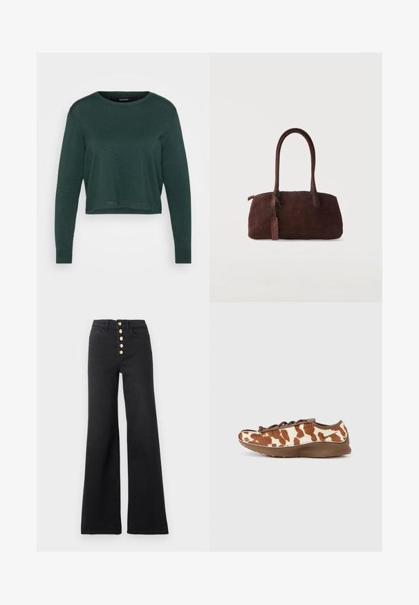 Donkergroene cropped trui met een ronde hals en lange mouwen, met een gebreide textuur en geribde zoom en manchetten.; Zwarte high-waisted wijde jeans met vijf gouden knopen aan de voorkant en voorzakken, afgebeeld op een effen witte achtergrond.; Bruine en crèmekleurige sneaker met een zacht, getextureerd bovenwerk en een gladde bruine zool. Voorzien van een vetersluiting en subtiele branding.; Donkerbruine suède handtas met twee lange hengsels en een klein bevestigd label, tegen een effen lichte achtergrond.